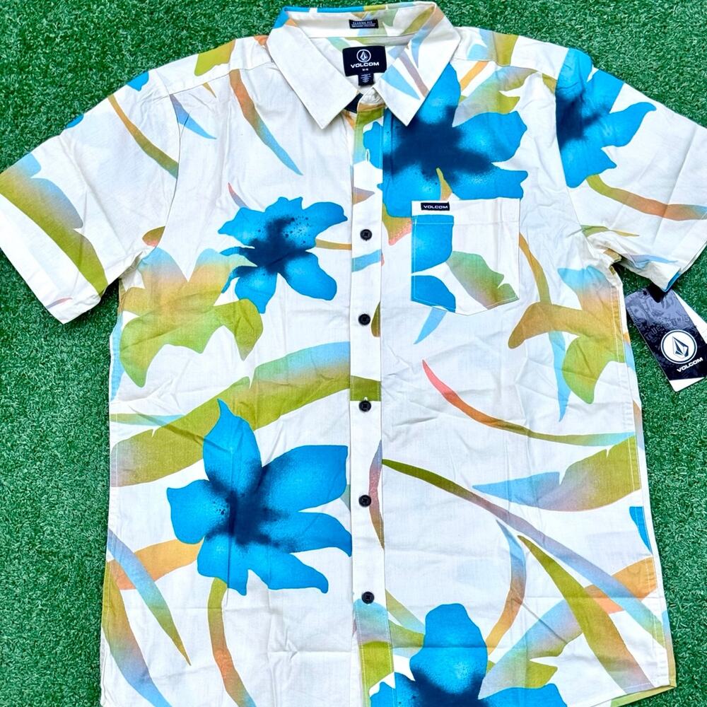 VOLCOM Tracers Floral Button Up Collar T Shirt New With Tags Blue Blossom